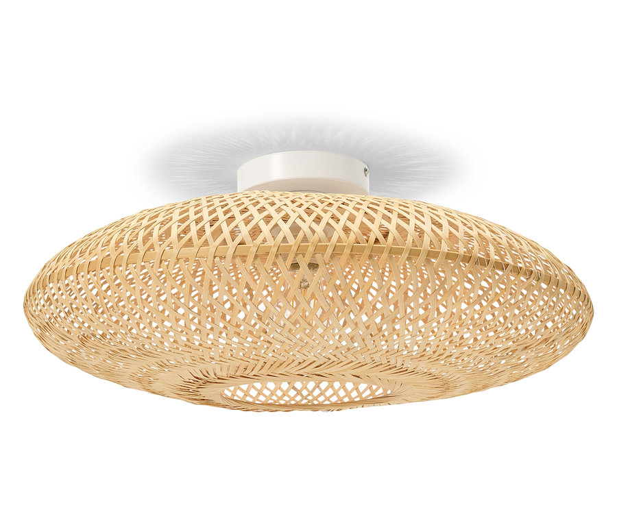 Ovális, világos bambusz mennyezeti lámpa fehér mennyezeti tartóval.
