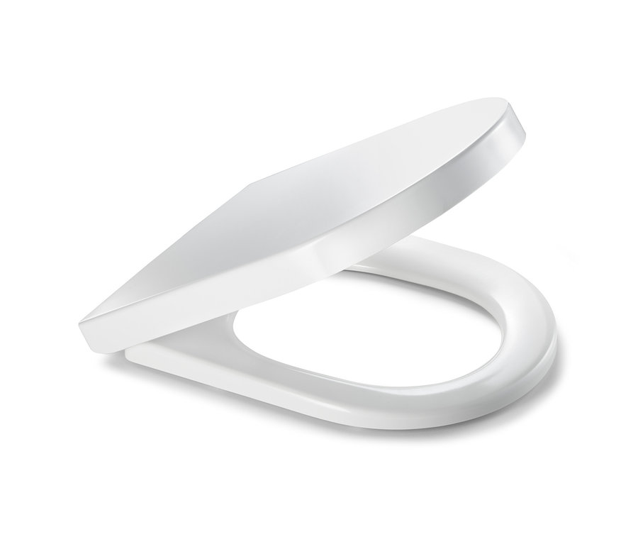 Egy enyhén nyitott, fehér, prémium, könnyen lehajtható WC-ülőke.