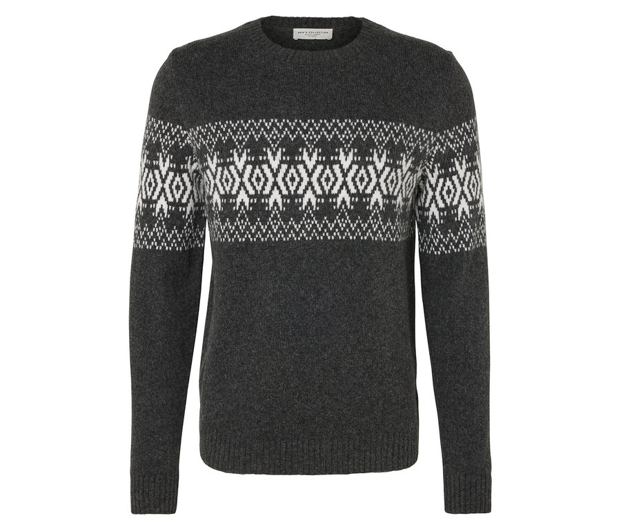 Szürke pulóver fehér mintával.