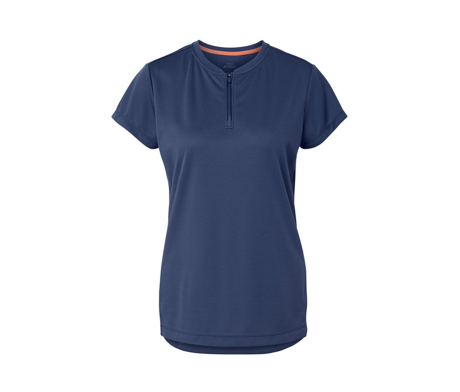 Sötétkék, félcipzáras sportpóló.