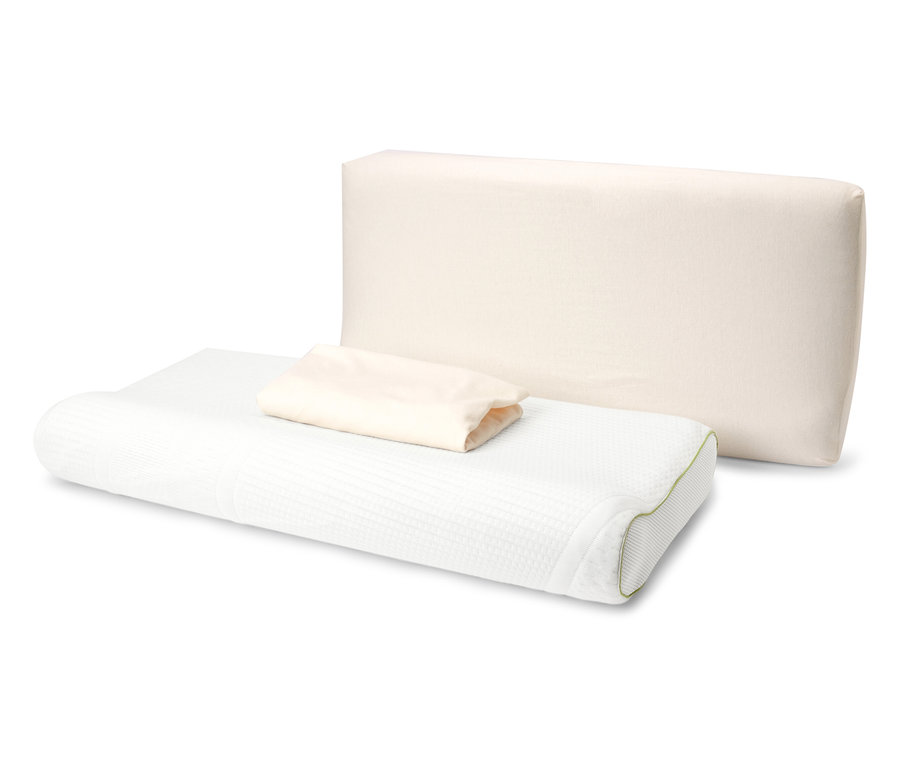 Két törtfehér jersey nyakpárnahuzat fekszik egy fehér nyakpárnán.