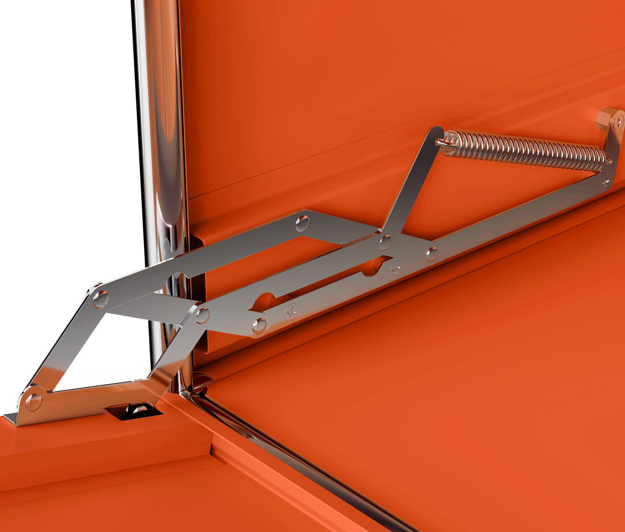 Egy narancssárga »CN3« fém komód belső részletének képe, 1 lenyíló ajtóval.