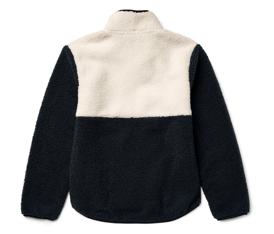 Kéttónusú, rövid cipzáras polár pulóver, a felső része krémszínű, az alsó sötétkék.