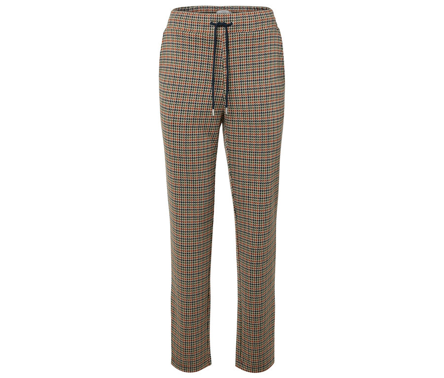 Barna, kakasmintás nadrág húzózsinórral.