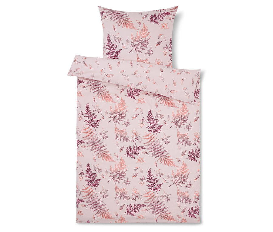 Ágynemű szett páfrány és virág mintával, rózsaszín és lila árnyalatokban.