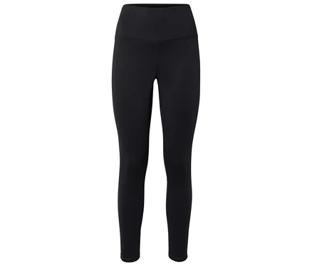 Egy fekete, magas derekú leggings fekszik egy fehér háttéren.