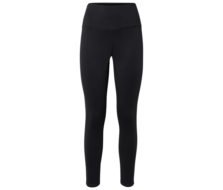 Egy fekete, magas derekú leggings fekszik egy fehér háttéren.