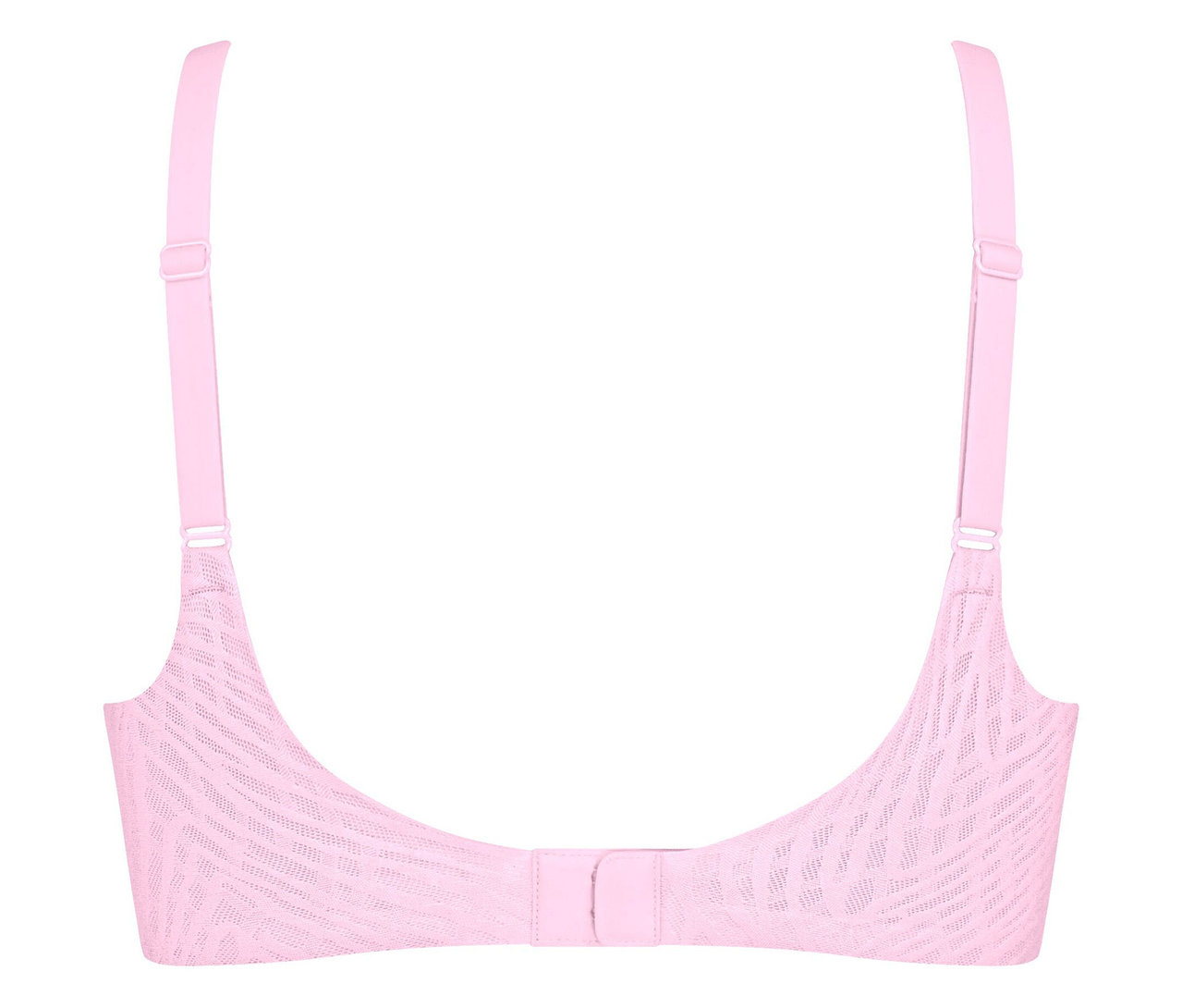 Közeli kép egy világos rózsaszín melltartóról, állítható pántokkal és kapcsos zárással.