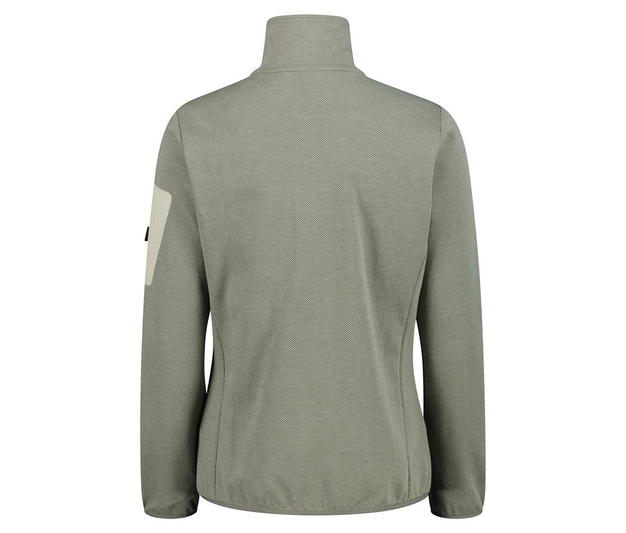 Hátulnézet egy khaki színű, magas galléros, teljes cipzáras polár pulóverről.