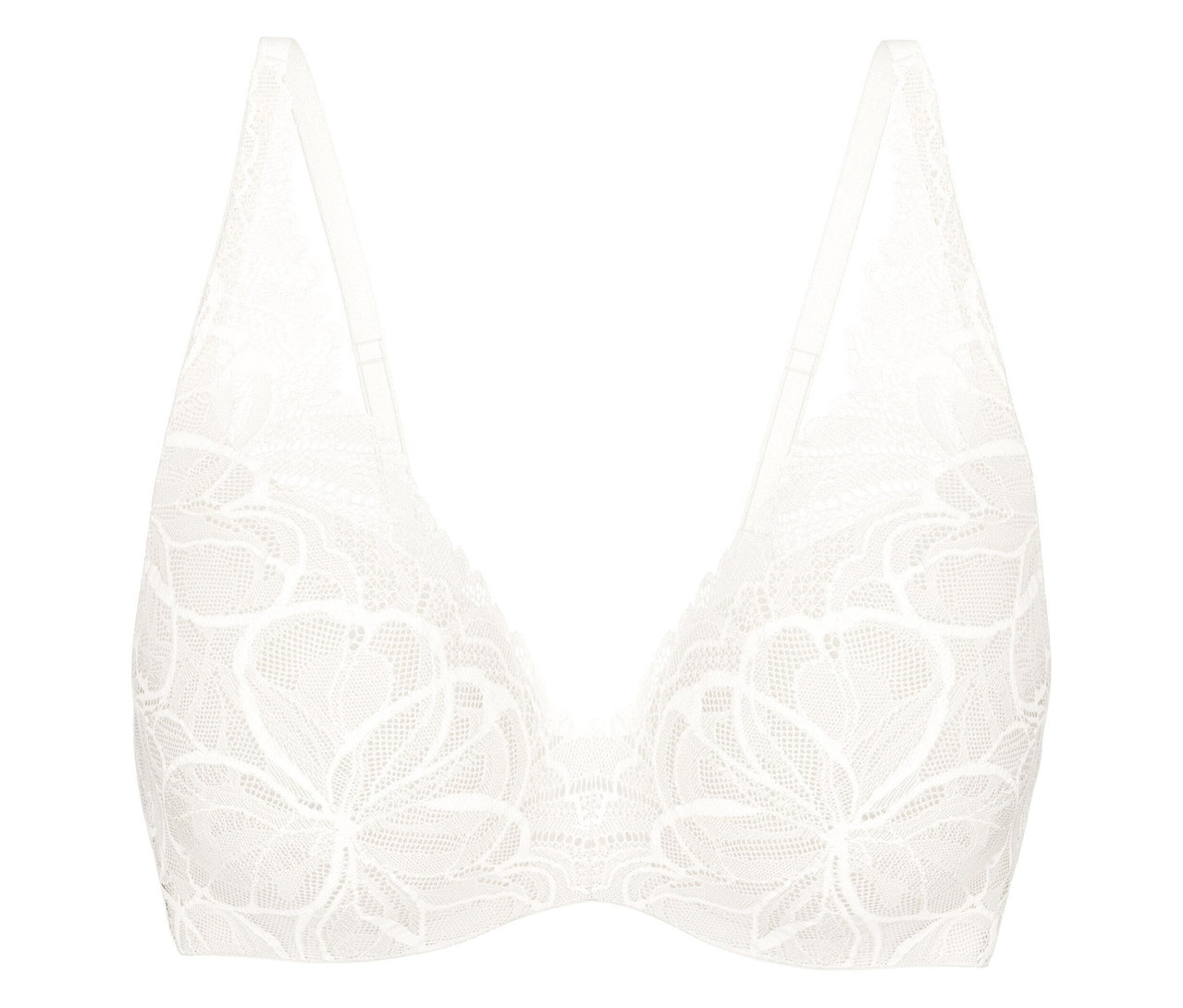 Fehér Triumph Body Makeup Illusion WP csipkemelltartó virágmintával és vékony pántokkal.