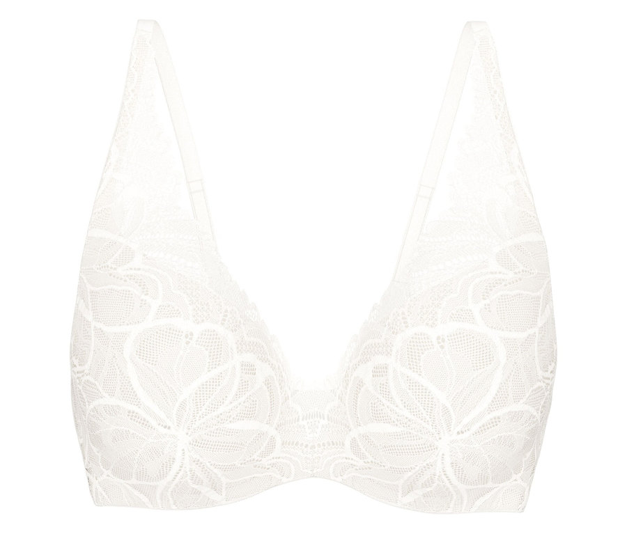 Fehér Triumph Body Makeup Illusion WP csipkemelltartó virágmintával és vékony pántokkal.
