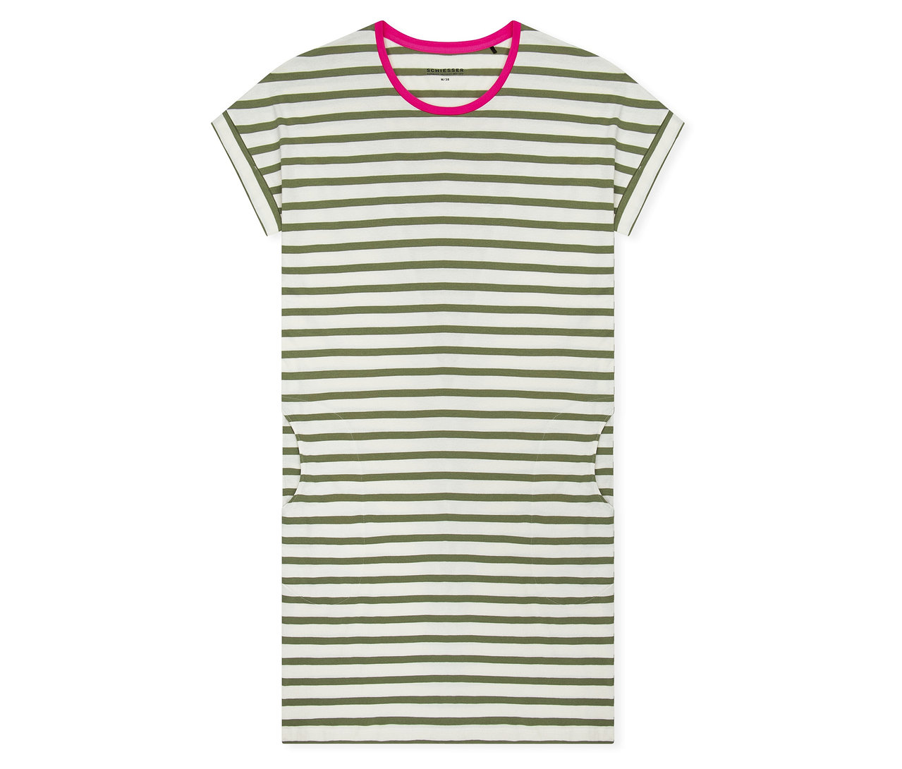 SCHIESSER hálóing, fehér alapon olívazöld csíkos, rózsaszín kerek nyakkivágással, rövid ujjakkal és két oldalzsebbel.