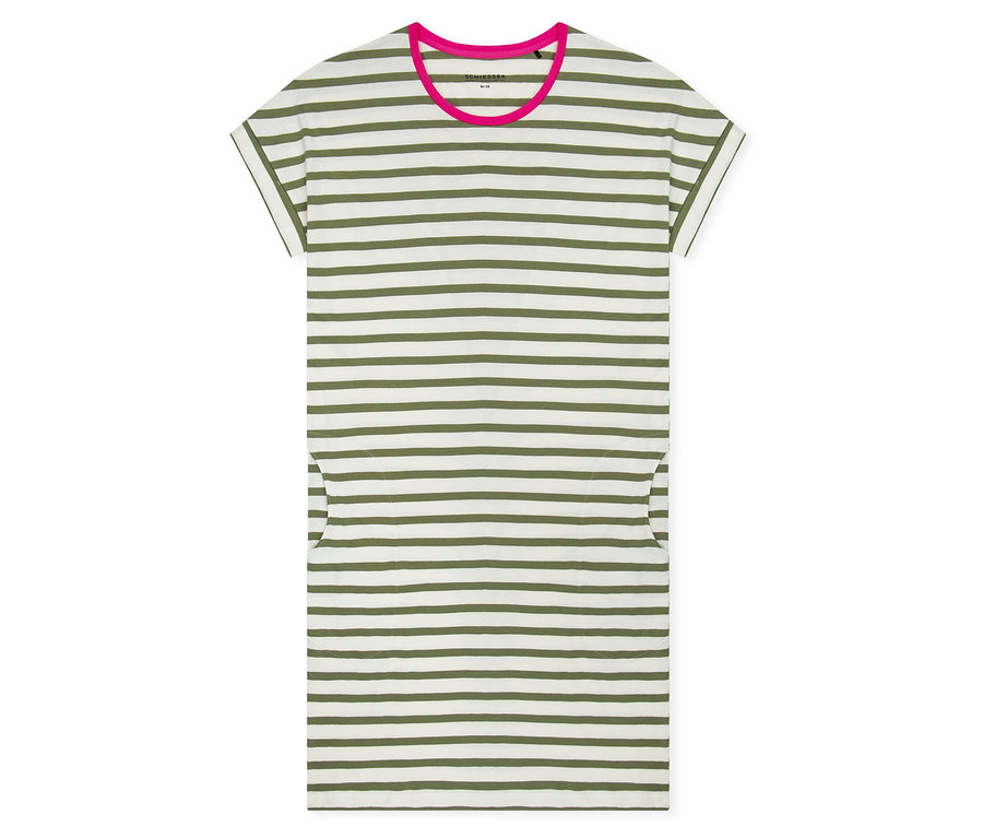 Egy zöld-fehér csíkos pólóruha rózsaszín nyakkivágással fehér háttéren fekszik.