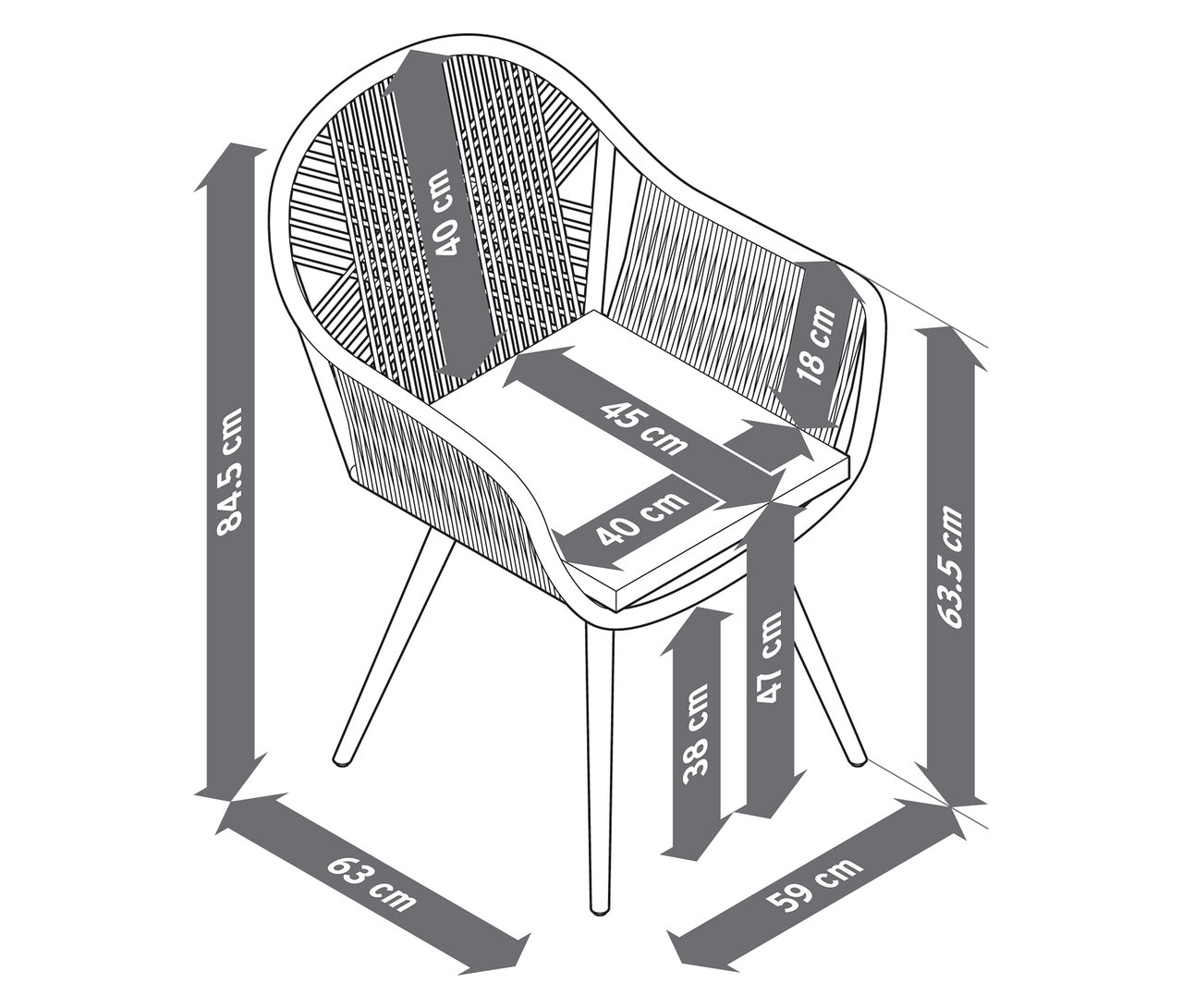 Egy keresztszövésű textilhálós kerti szék részletes, méretekkel ellátott sematikus ábrázolása.