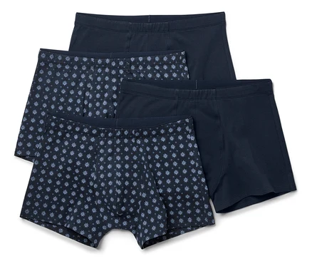 Négy tengerészkék boxer alsó, kettő egyszínű, kettő kék mintával.