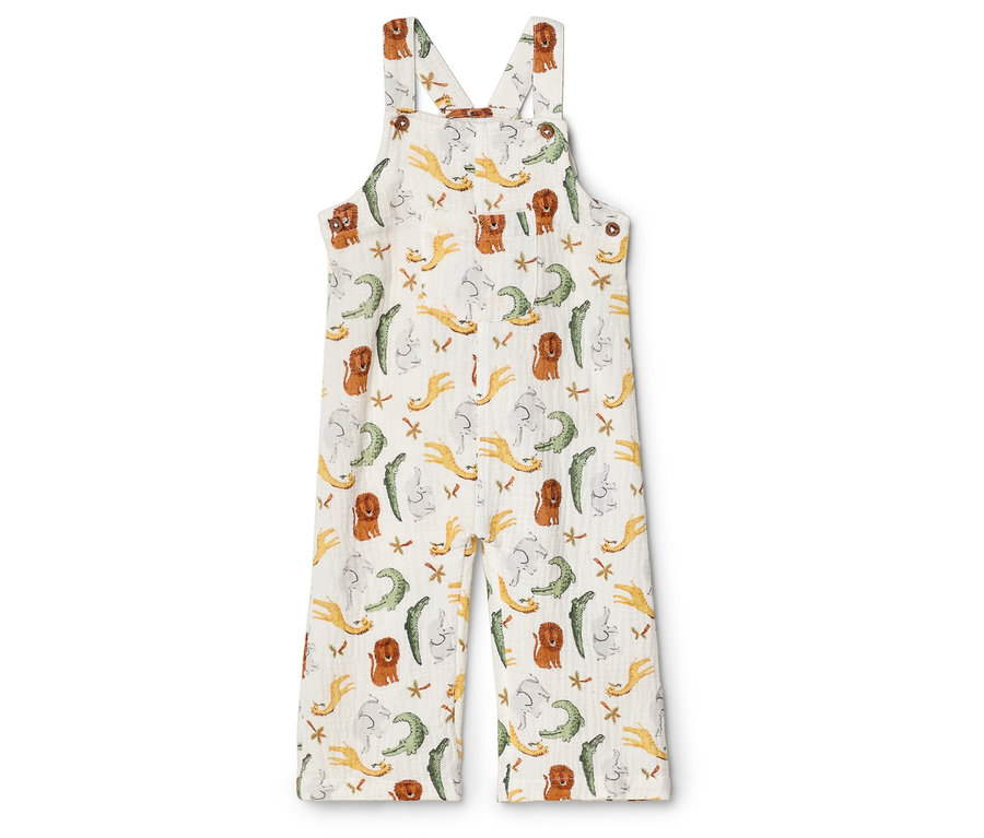 Fehér, krokodil-, oroszlán- és csillagmintás kertésznadrág.