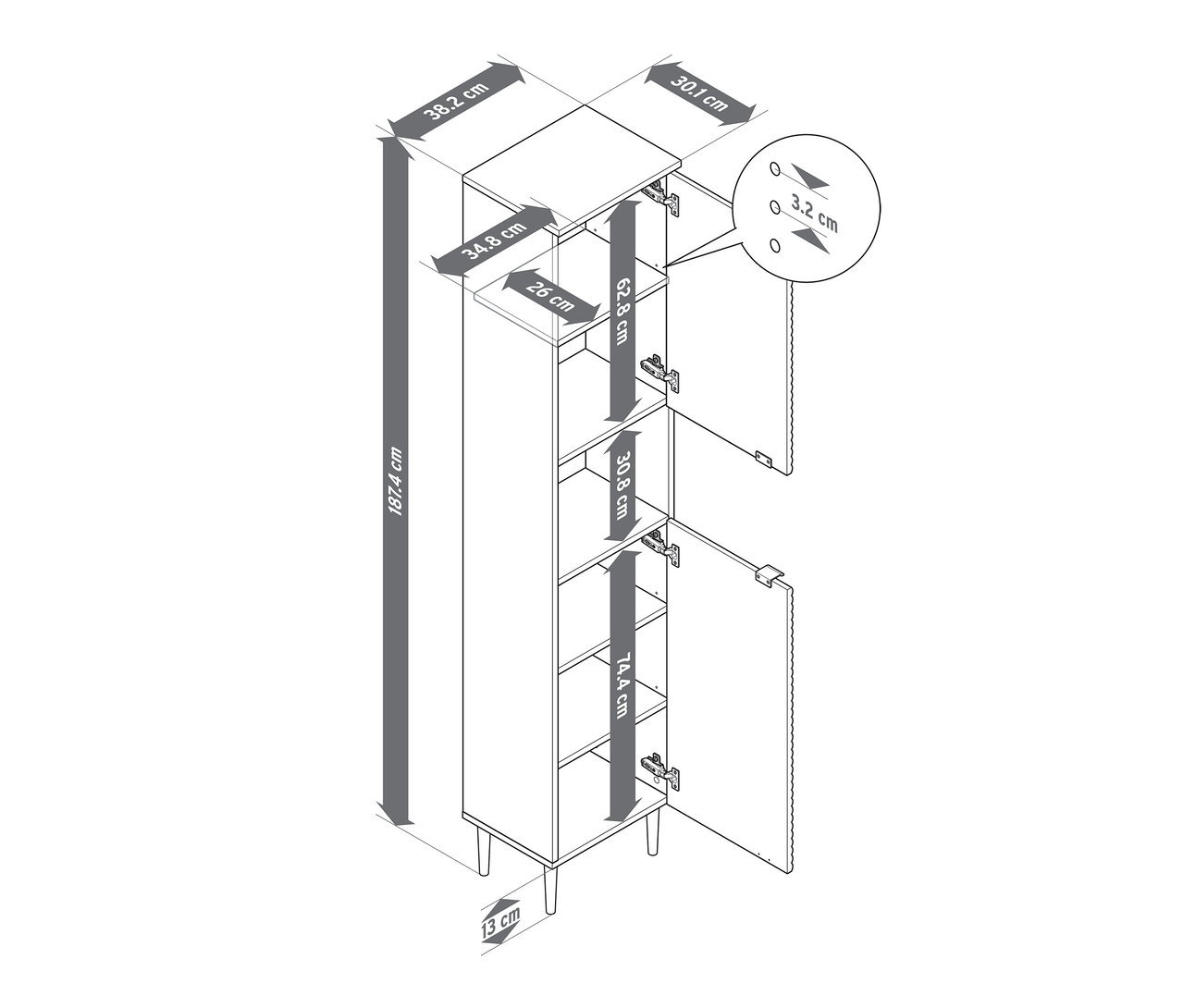A képen egy »SONARI« fürdőszobai magasszekrény látható ajtókkal és méretekkel.