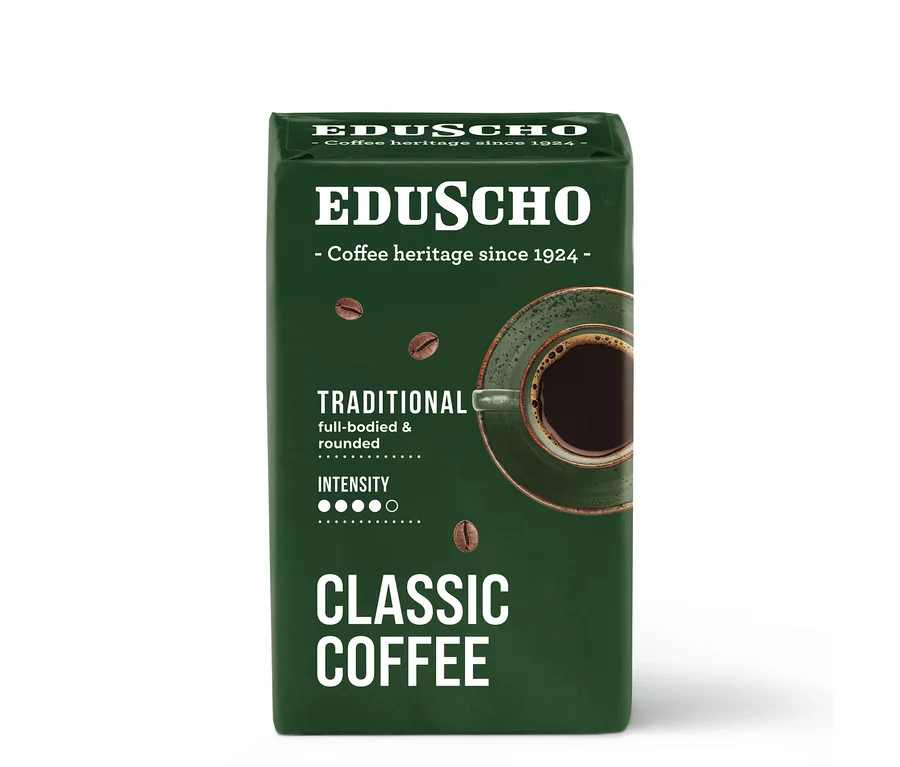 Eduscho Classic Coffee Traditional - 250g őrölt, pörkölt kávé csomagolása.