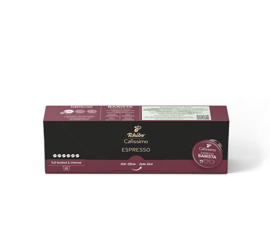 Egy csomag Cafissimo BARISTA Espresso, 10 kapszulával. A csomagolás sötétbarna, fekete középrésszel és Cafissimo ESPRESSO felirattal.