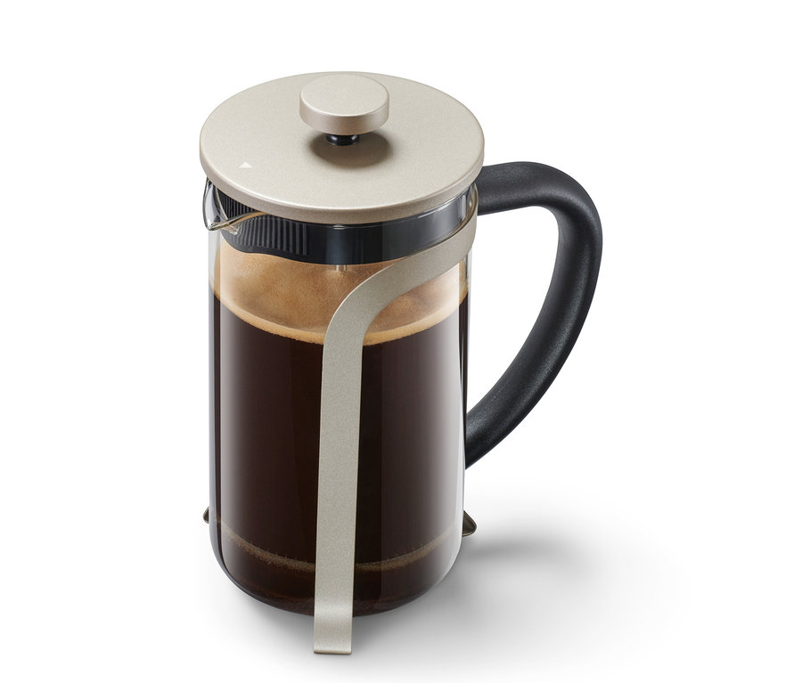 Egy 800 ml-es, 6 csészés, pezsgőszínű dugattyús kávéfőző áll fehér háttér előtt.