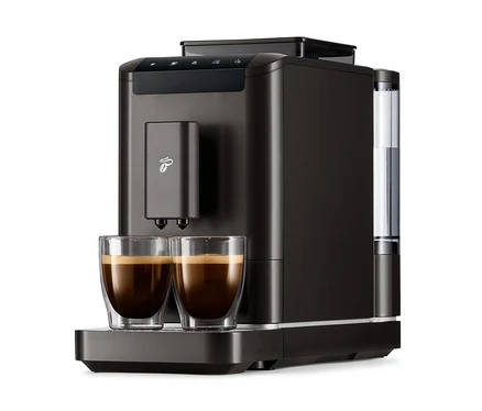Fekete »Esperto2 Caffè« kávéfőző és két csésze kávé.