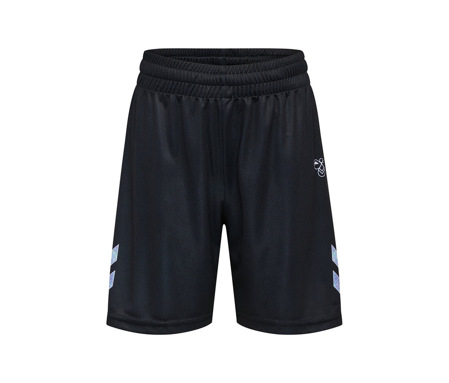 Fekete hummel® »HML Shimmer Shorts« rugalmas derékpánttal, hummel logóval és két irizáló chevron csíkkal az oldalán.