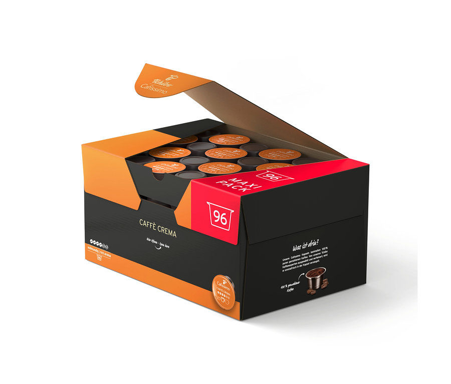 Nyitott fekete és narancssárga doboz 96 Tchibo Cafissimo Caffè Crema kávékapszulával.