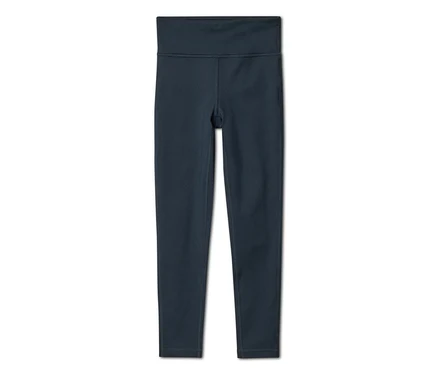 Sötétkék magas derekú leggings, laposan fektetve fehér háttéren.