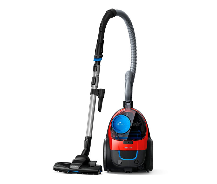 Egy piros Philips FC9330 porzsák nélküli porszívó fekete kerekekkel és ezüst színű csővel.