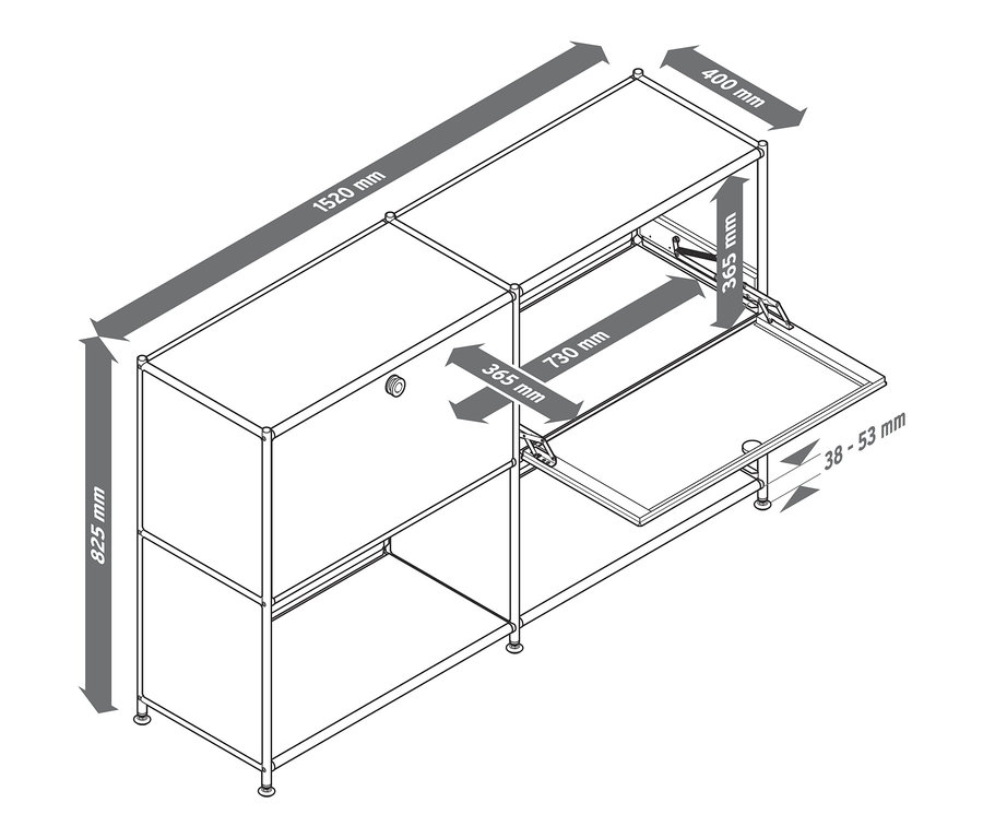 Egy fém polcos komód vázlata 2 áthelyezhető, lenyíló ajtóval és méretekkel.