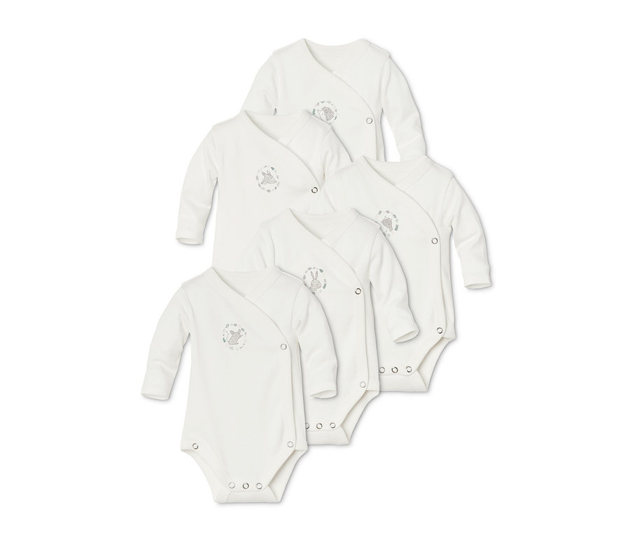 Öt fehér, hosszú ujjú, állatmintás pamut body egymásra helyezve.