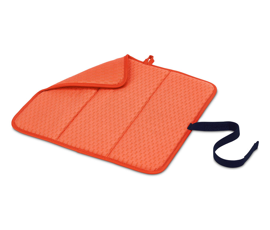 Narancssárga, összehajtható edénycsepegtető alátét kék szalaggal.