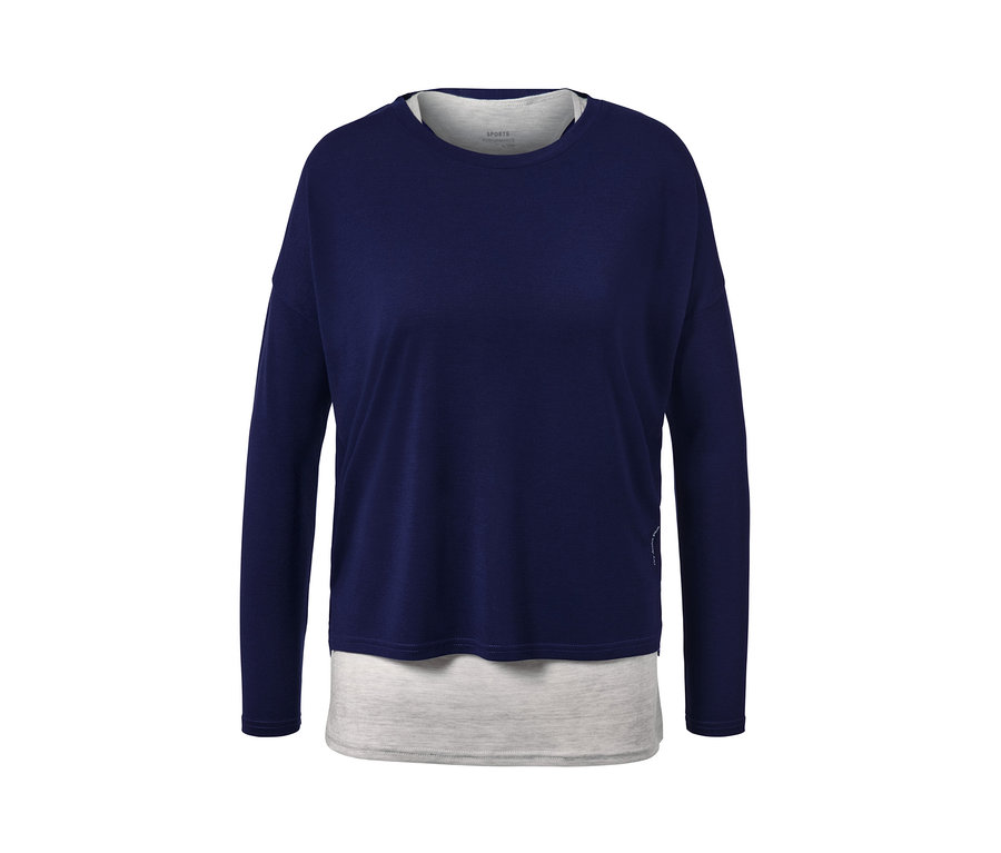 Sötétkék 2 az 1-ben sportfelső, hosszú ujjakkal és szürke betéttel.