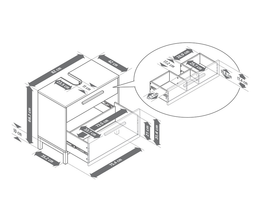 A világosszürke mosdó alatti »Eklund« szekrény vázlata 2 fiókkal és méretekkel.