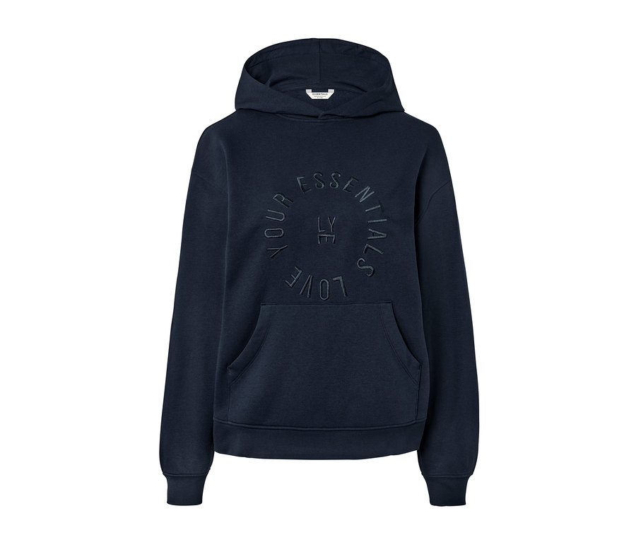 Sötétkék kapucnis szabadidőfelső felirattal.