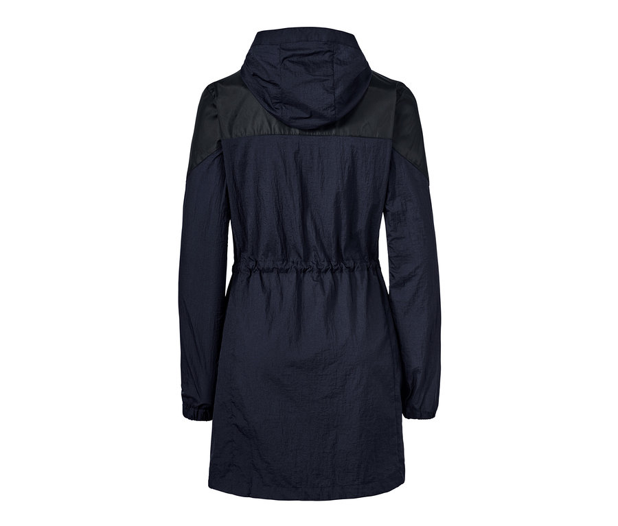Sötétkék funkcionális kabát hátulnézetből.