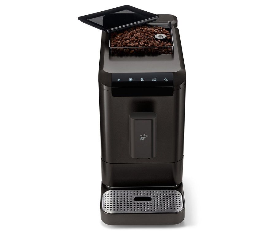 Elölnézet a »Esperto2 Caffè« automata kávéfőzőről Granite Black színben, nyitott kávébab tartállyal.