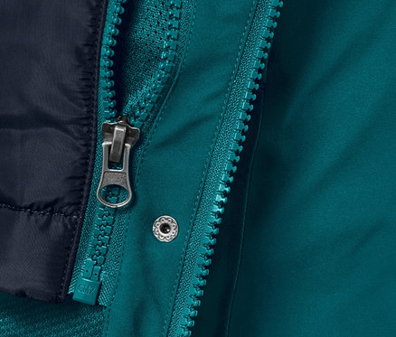 Egy olajkék, 3 az 1-ben funkcionális kabát részlete, mellény, cipzár és gomb.