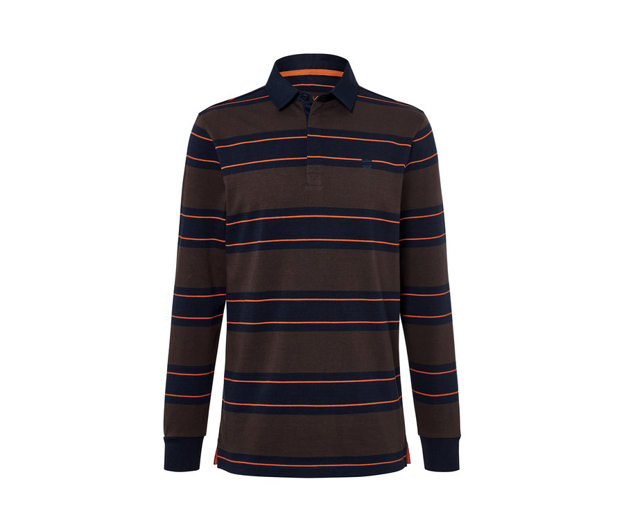 Egy barna-sötétkék csíkos, hosszú ujjú férfi pólóing.