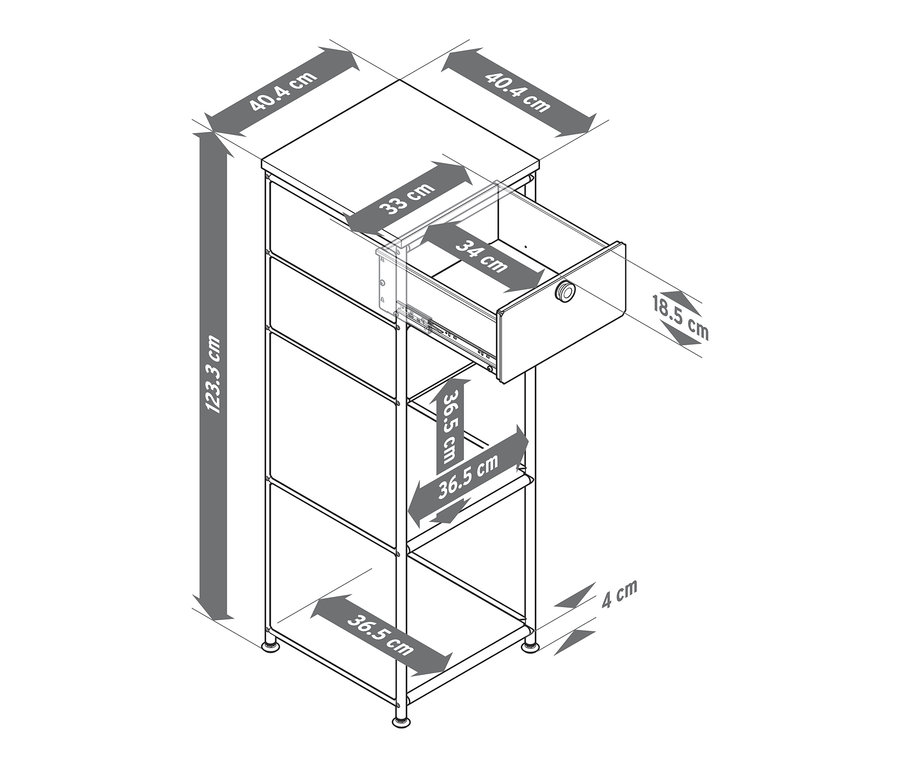 Egy keskeny, fehér fém »CN3« komód vázlata fa lappal és 2 fiókkal, az egyik fiók nyitva.