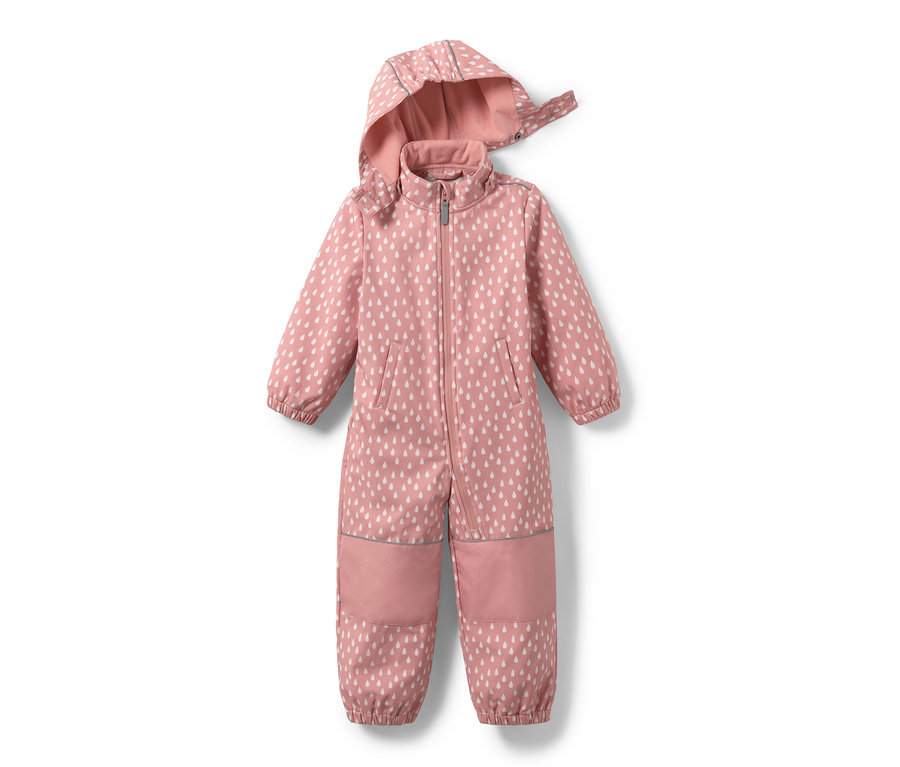 Rózsaszín, fehér csepp mintás softshell kezeslábas kisgyerekeknek.