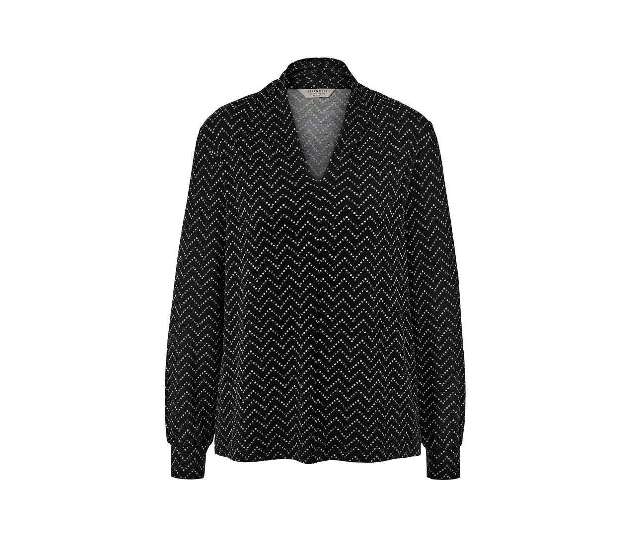 Egy fekete, V-nyakkivágású, hosszú ujjú női felső, nyomtatott mintával.