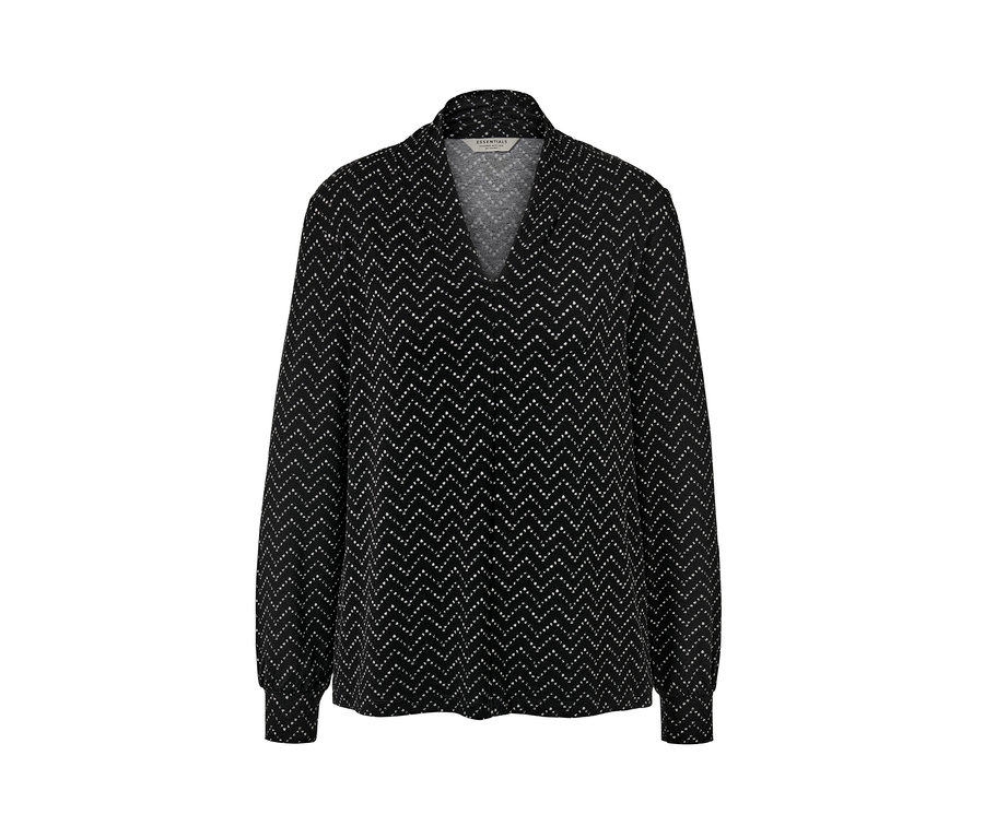 Egy fekete, V-nyakkivágású, hosszú ujjú női felső, nyomtatott mintával.