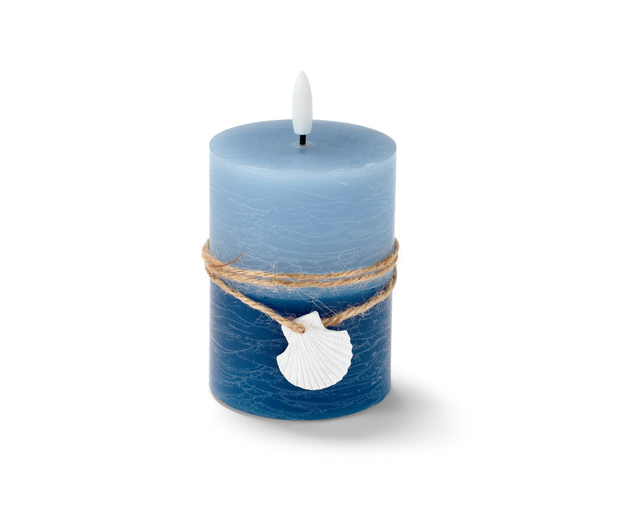 Kék LED-es valódi viaszgyertya "kagyló" juta zsinórral és kagyló dekorációval.