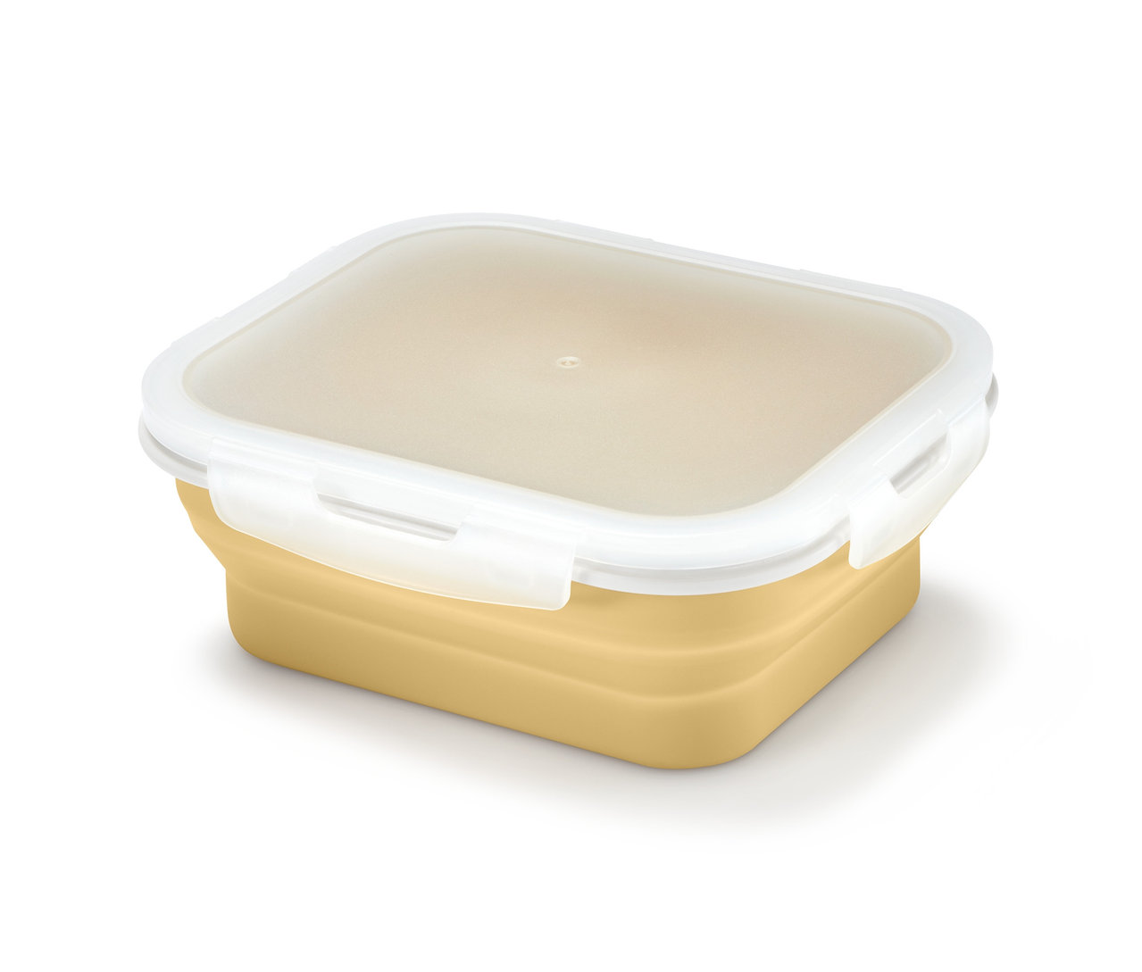 Egy sárga, összehajtható ételhordó doboz átlátszó fedővel.