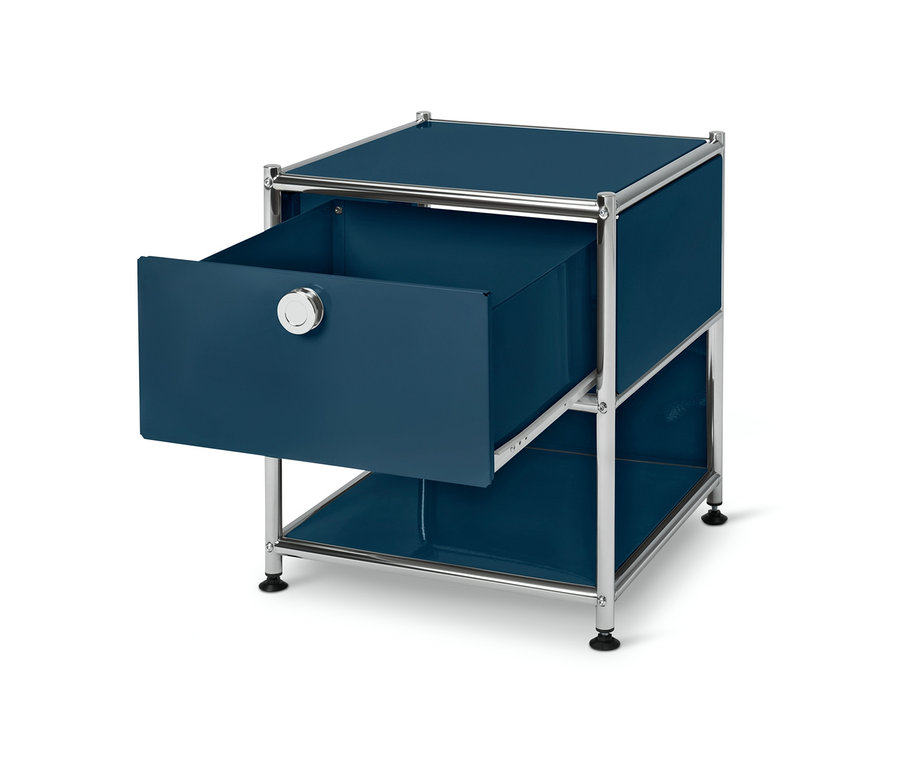 Kék fém éjjeliszekrény, 1 fiókkal.