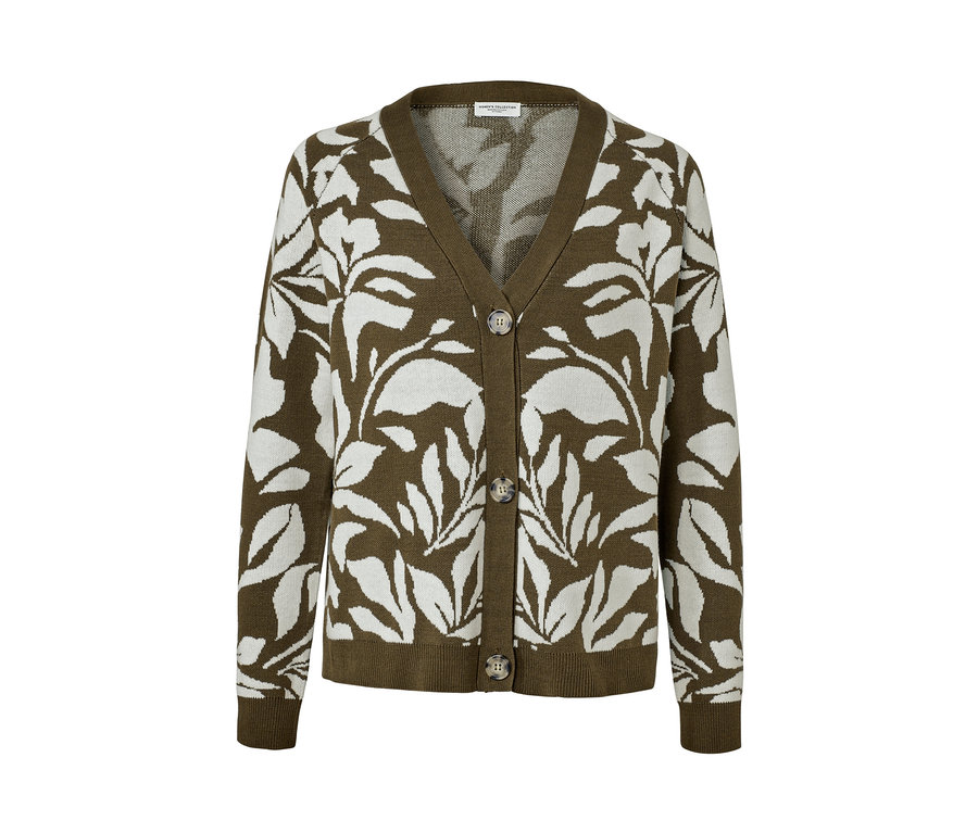 Zöld, laza kötésű kardigán jacquard mintával és fehér levelekkel.