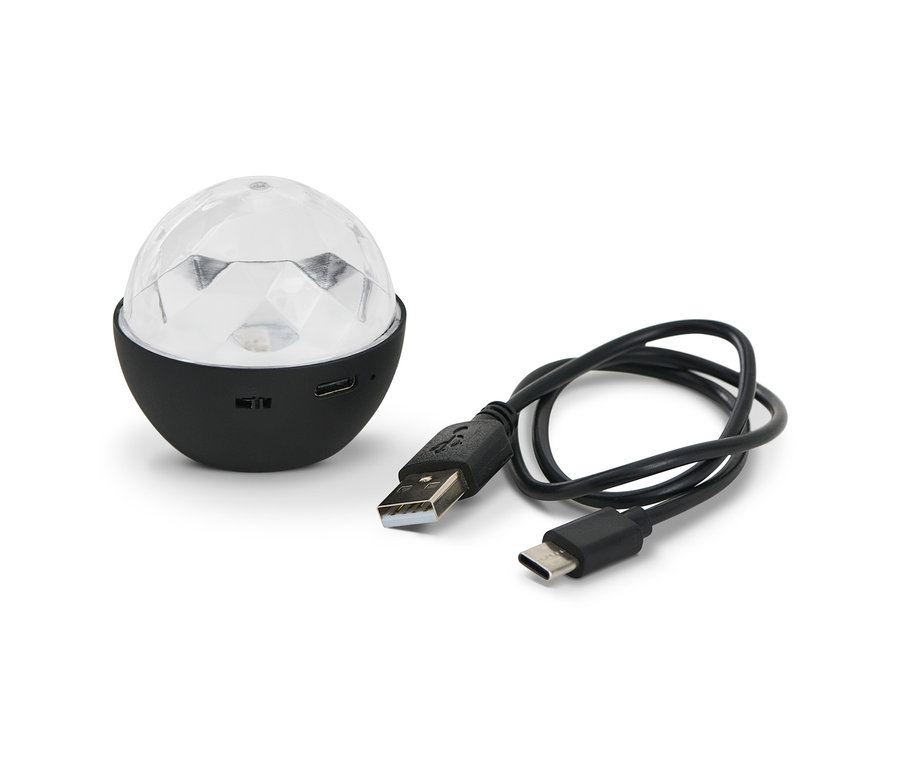 Mini diszkógömb fekete talppal és USB-kábellel.