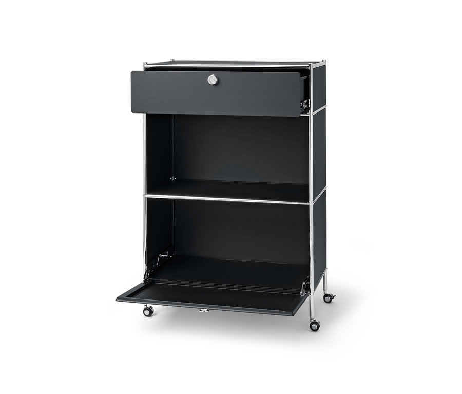 Fekete »CN3« fém komód nyitott fiókkal és lenyíló ajtós rekesszel.