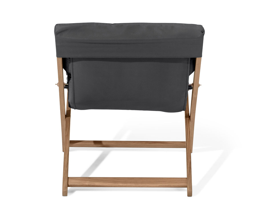 Hátulnézet egy antracit színű, összecsukható relaxációs fotelről.